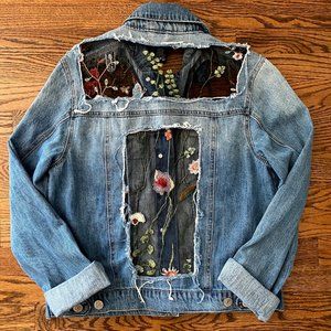 Floral Mesh Embroidered Upcycled Distressed Denim Ripped Destroyed Jean Jacket